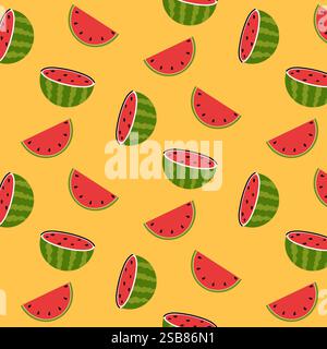 Colorful watermelon pieces and halves scattered on a yellow background for summer vibes Stock Vector