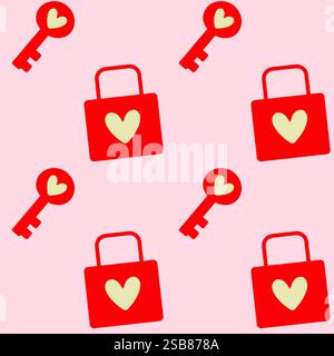 Design featuring red hearts, keys, and locks on a pink background for romantic themes Stock Vector