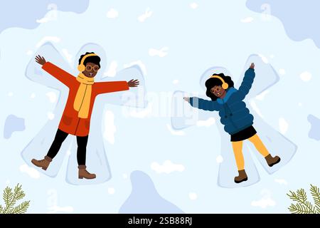 Children create snow angels in a wintry landscape while wearing colorful winter attire Stock Vector