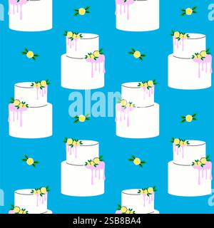 Blue Background With Two-Tiered Cakes, Dripping Frosting, and Floral Decorations Stock Vector