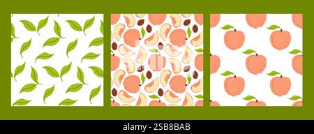 Colorful patterns featuring peaches, leaves, and fruit slices on a vibrant background Stock Vector