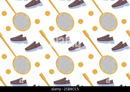 Vibrant sports gear pattern with rackets, shoes, and balls on a white backdrop Stock Vector