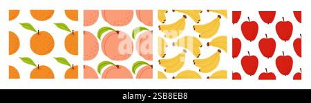 Colorful fruit patterns featuring oranges, peaches, bananas, and red apples on a white background Stock Vector