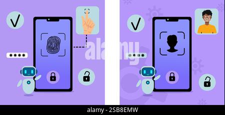 A smartphone displays a fingerprint scanner with a hand hovering above it.  Stock Vector