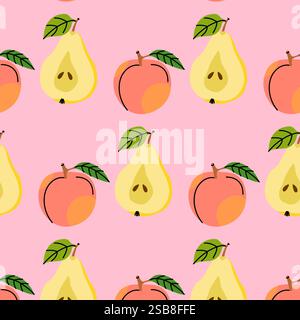 Colorful pattern of peaches and pears on a pink background with vibrant leaves in spring Stock Vector