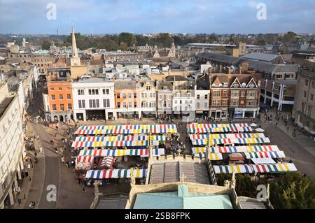 Easterly view from the top of Great St Mary's Church tower overlooking historic buildings and Cambridge market square in the city centre, England, UK Stock Photo