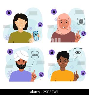 Diverse People Using Biometric Security Stock Vector