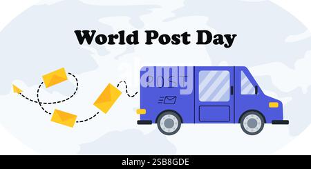 Celebrating World Post Day with a van delivering mail and letters on the world map Stock Vector