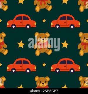 Playful pattern featuring teddy bears, cars, and stars on a dark green background Stock Vector