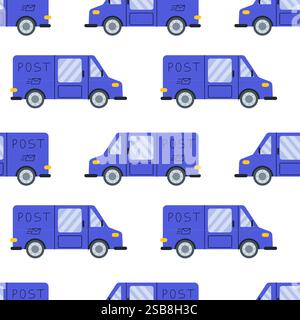 Colorful pattern of blue delivery vans featuring postal design on a white background Stock Vector