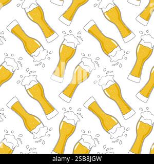 Patterning of draft beer mugs with foam on yellow background. Continuous repeat pattern Stock Vector