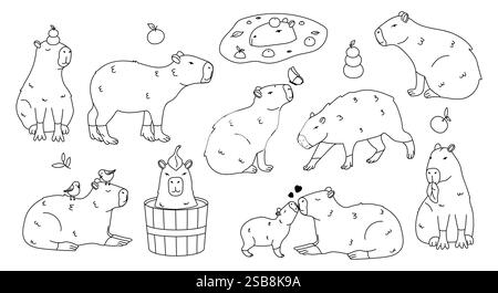 Cute cartoon kawaii capybara. Animal funny characters. Hand drawn style.  Stock Vector