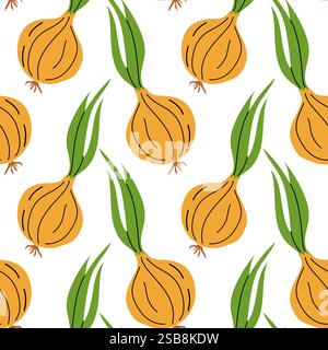 Colorful pattern of stylized onions with green leaves on a white background Stock Vector
