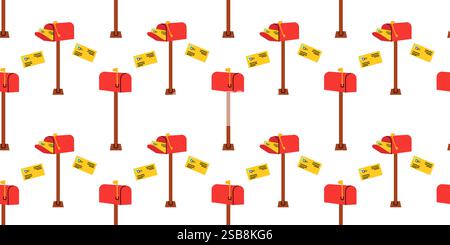 Bright red mailboxes line a street, each featuring letters ready for collection on a sunny day Stock Vector