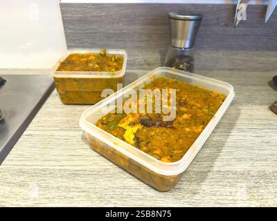 home made indian food chicken curry made in a batch and put in tupperware plastic boxes to freeze Stock Photo