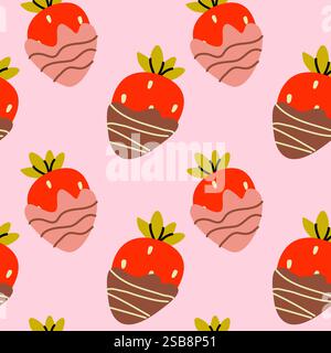 Colorful pattern of chocolate covered strawberries on pink background Stock Vector