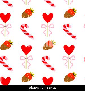 Colorful pattern with hearts, strawberries, and candy canes on a white background Stock Vector