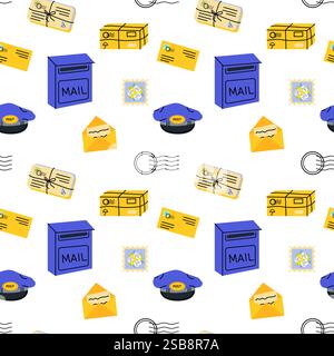 Colorful postal themed pattern featuring mailboxes, letters, and packages in a bright design Stock Vector