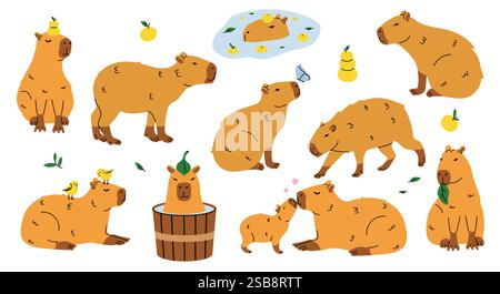 Cute capybaras single animal and family funny cartoon characters Stock Vector