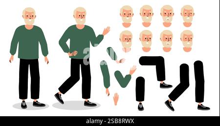 A variety of illustrated characters showcasing an elderly man in different poses, expressions, and seasonal attire Stock Vector