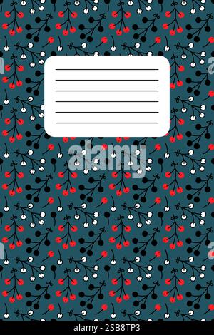 Floral patterned notebook cover with vibrant red and white elements on a dark background Stock Vector