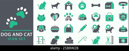 Pets icon set. Containing dog, cat, symbol. Animal care and vet clinic elements collection. Vector illustration. Stock Vector