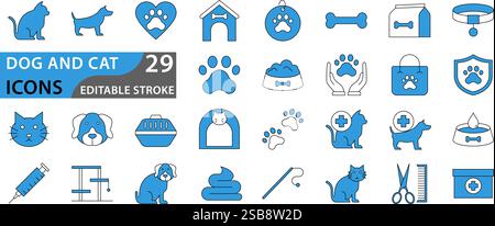 Pets icon set. Containing dog, cat, symbol. Animal care and vet clinic elements collection. Vector illustration. Stock Vector