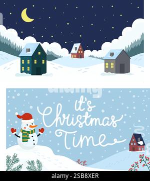 A cheerful snowman celebrates Christmas in a snowy landscape with a cozy cabin next door Stock Vector