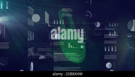 Green padlock and fingerprint image over digital data and graphs Stock Photo