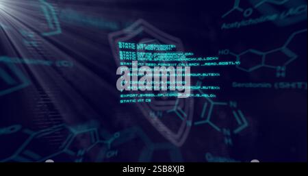 Digital lock and shield security image over chemical formulas background Stock Photo