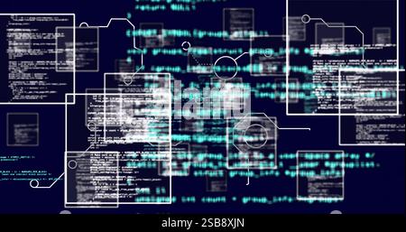 Programming code and data flow image over dark background with interconnected nodes Stock Photo