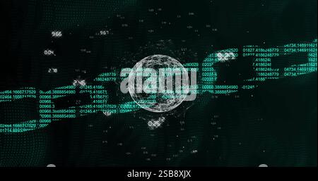 Rotating globe with binary coding and data processing image Stock Photo