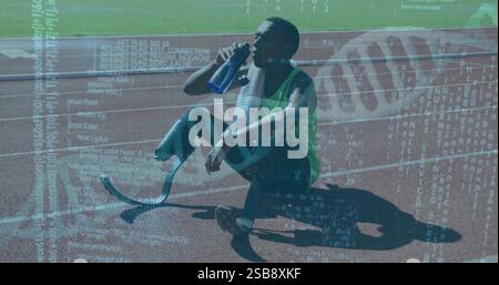 DNA strand and binary coding image over athlete resting on track Stock Photo