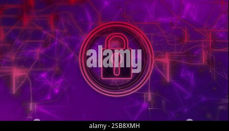 Lock icon image over purple network connections background Stock Photo
