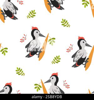 Woodland birds perched on branches with colorful leaves in a playful pattern design Stock Vector