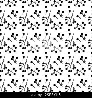 Black and white pattern featuring branches with circular berries on a clean background Stock Vector