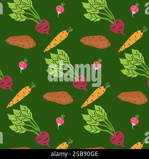 Colorful vegetable pattern featuring carrots, radishes, and sweet potatoes on a dark background Stock Vector