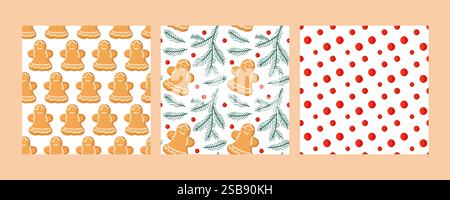 Festive gingerbread cookies, greenery, and red polka dots on cheerful holiday patterns Stock Vector