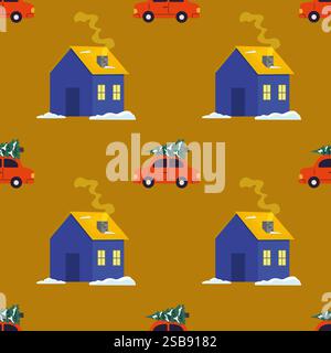 Colorful winter pattern featuring houses and cars with Christmas trees during snowy weather Stock Vector