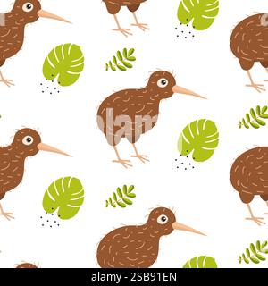 Cute kiwi birds and green leaves create a playful pattern for fun decor Stock Vector