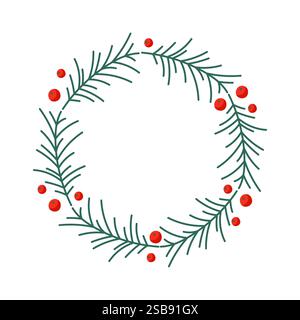 Simple festive wreath design featuring green pine branches and red berries for holiday decoration Stock Vector