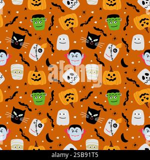 Vector Halloween seamless pattern with pumpkins, skull, gifts and spiders. Stock Vector
