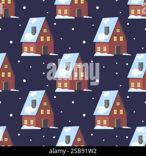 Cozy winter homes with snowy rooftops set against a dark night sky background Stock Vector