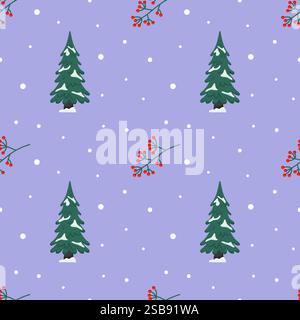 Winter pattern featuring snow-covered trees and red berries on a purple background Stock Vector