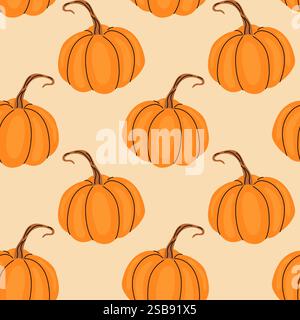 Bright orange pumpkins arranged in a repeating pattern on a light beige background Stock Vector