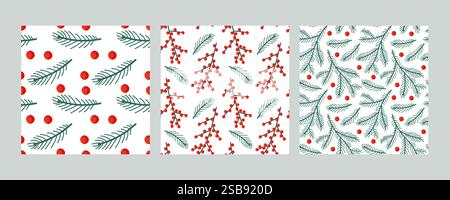 Festive winter patterns featuring red berries and green foliage on a light background Stock Vector
