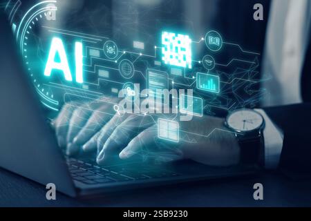 Artificial intelligence. Man using laptop at table, closeup. Scheme with AI and other icons over computer. Toned in blue Stock Photo