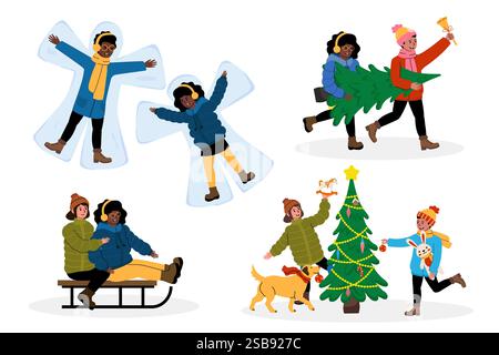 Winter activities bring joy and laughter in a snowy landscape with friends Stock Vector
