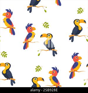 Colorful tropical birds on white background in a playful pattern design Stock Vector