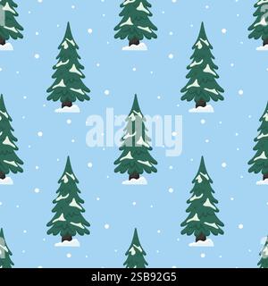 Winter pattern featuring snow-covered evergreen trees on a light blue background Stock Vector